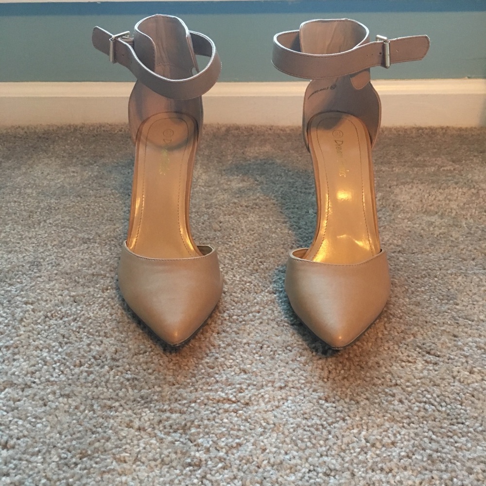 Nude pointed toe heels with ankle strap
